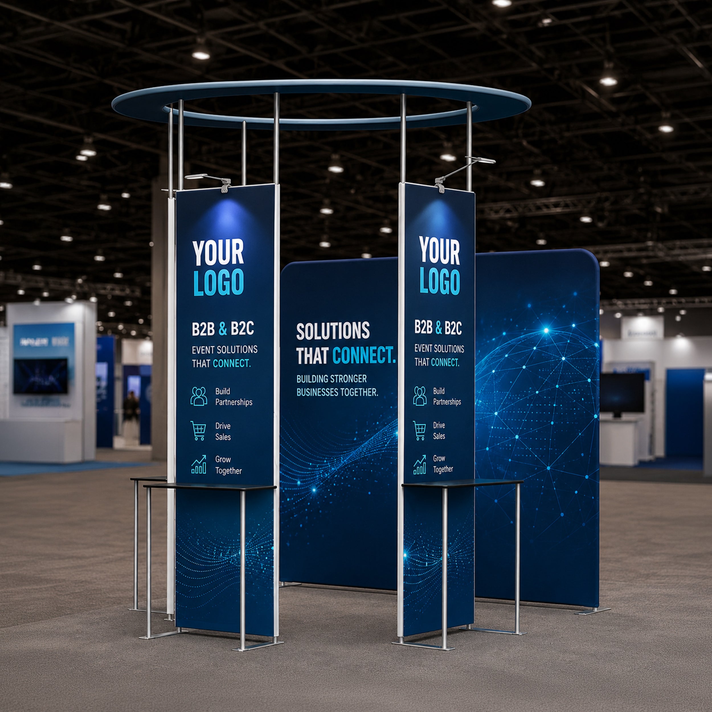 10 ft Island Trade Show Booth with Circular Header Lifestyle 1