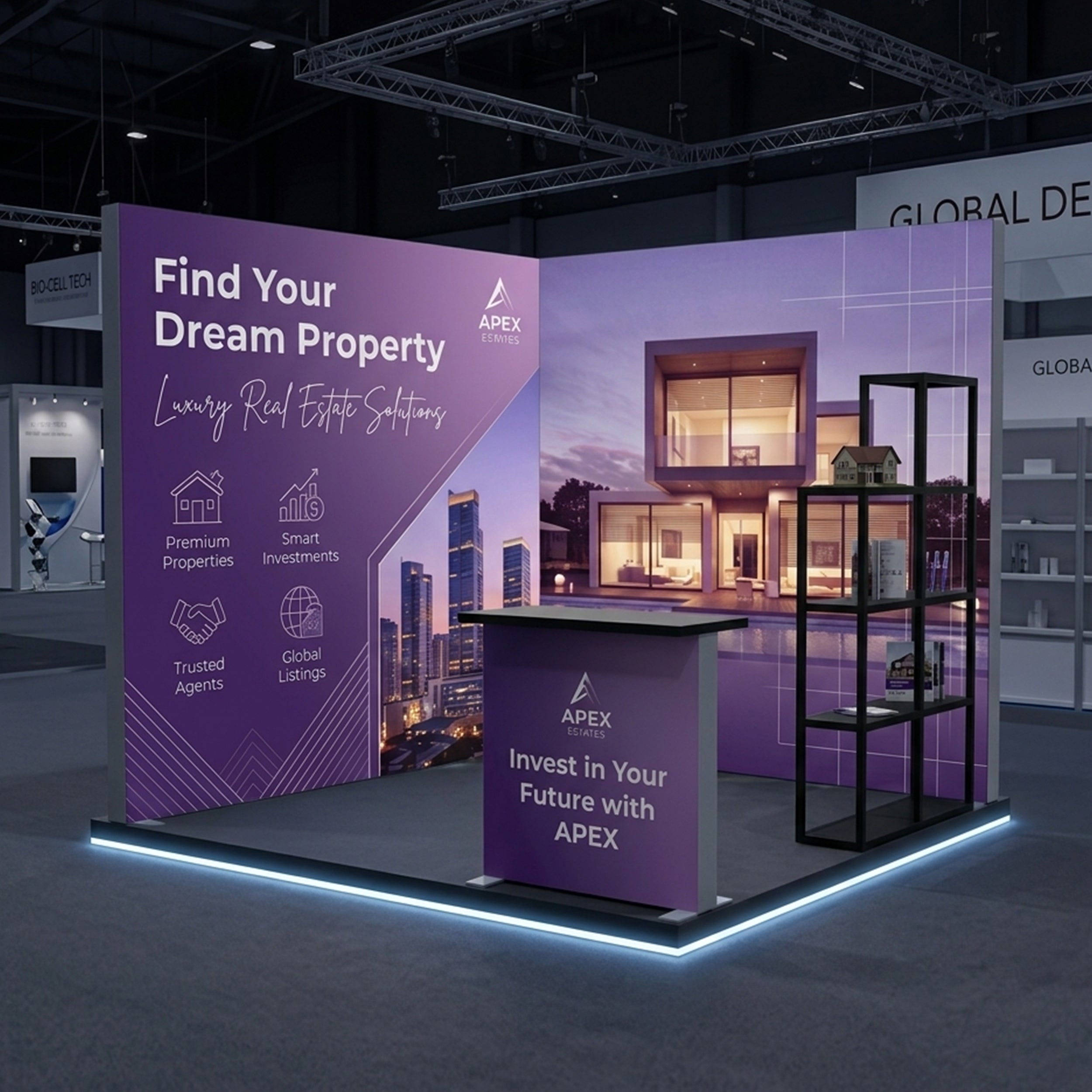 10ft Backlit Trade Show Display - LED Backwall Display with Counter & Side Panels