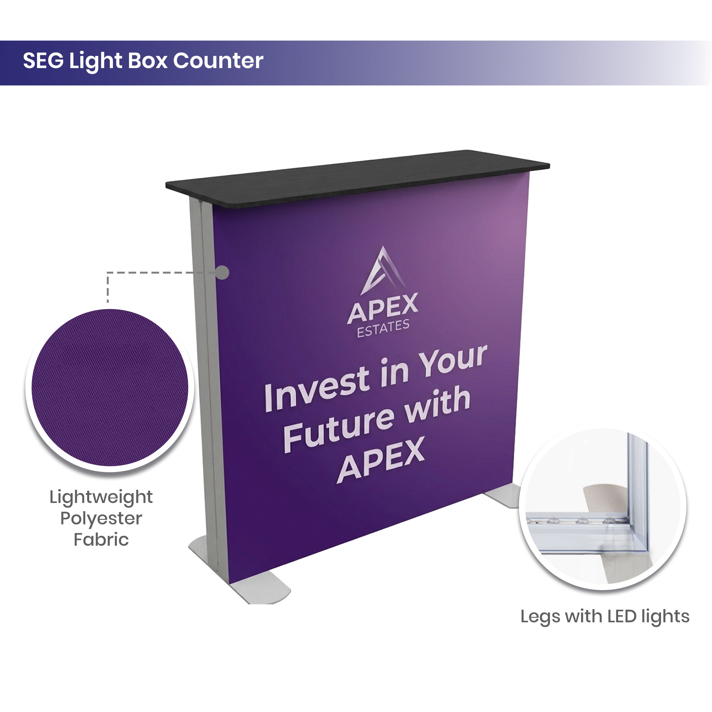 10ft Backlit Trade Show Display - LED Backwall Display with Counter & Side Panels