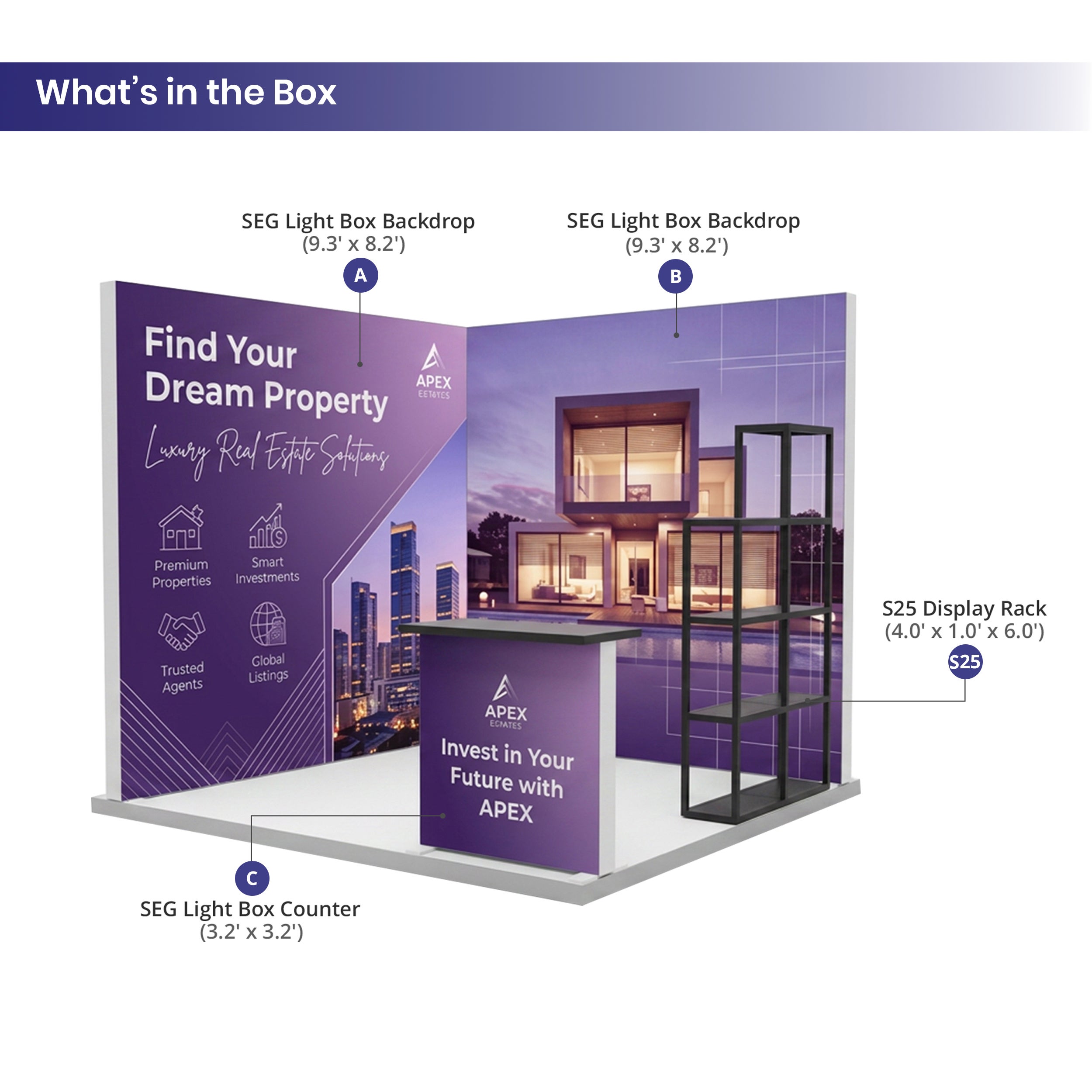 10ft Backlit Trade Show Display - LED Backwall Display with Counter & Side Panels