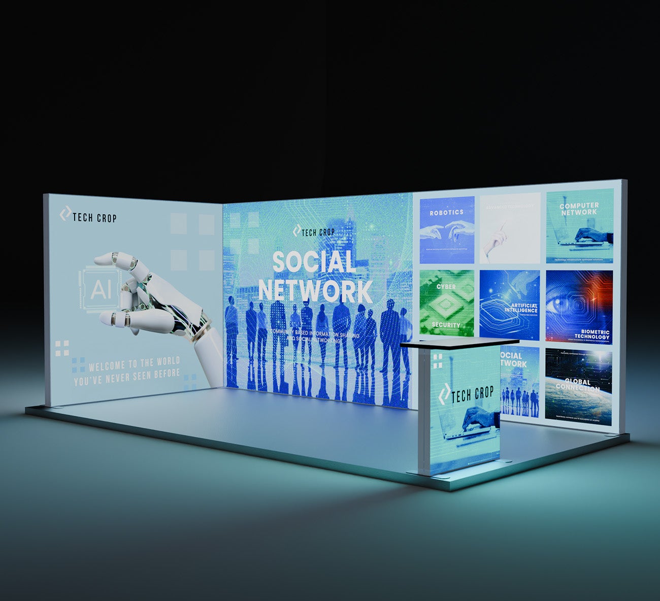 20ft Backlit Trade Show Display - LED Lightbox Display with Counters & Storage