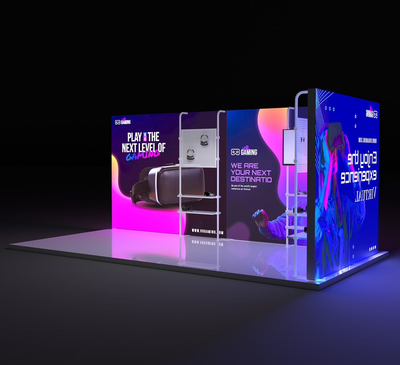 20ft Backlit Trade Show Display - LED Lightbox Backwall with Shelving
