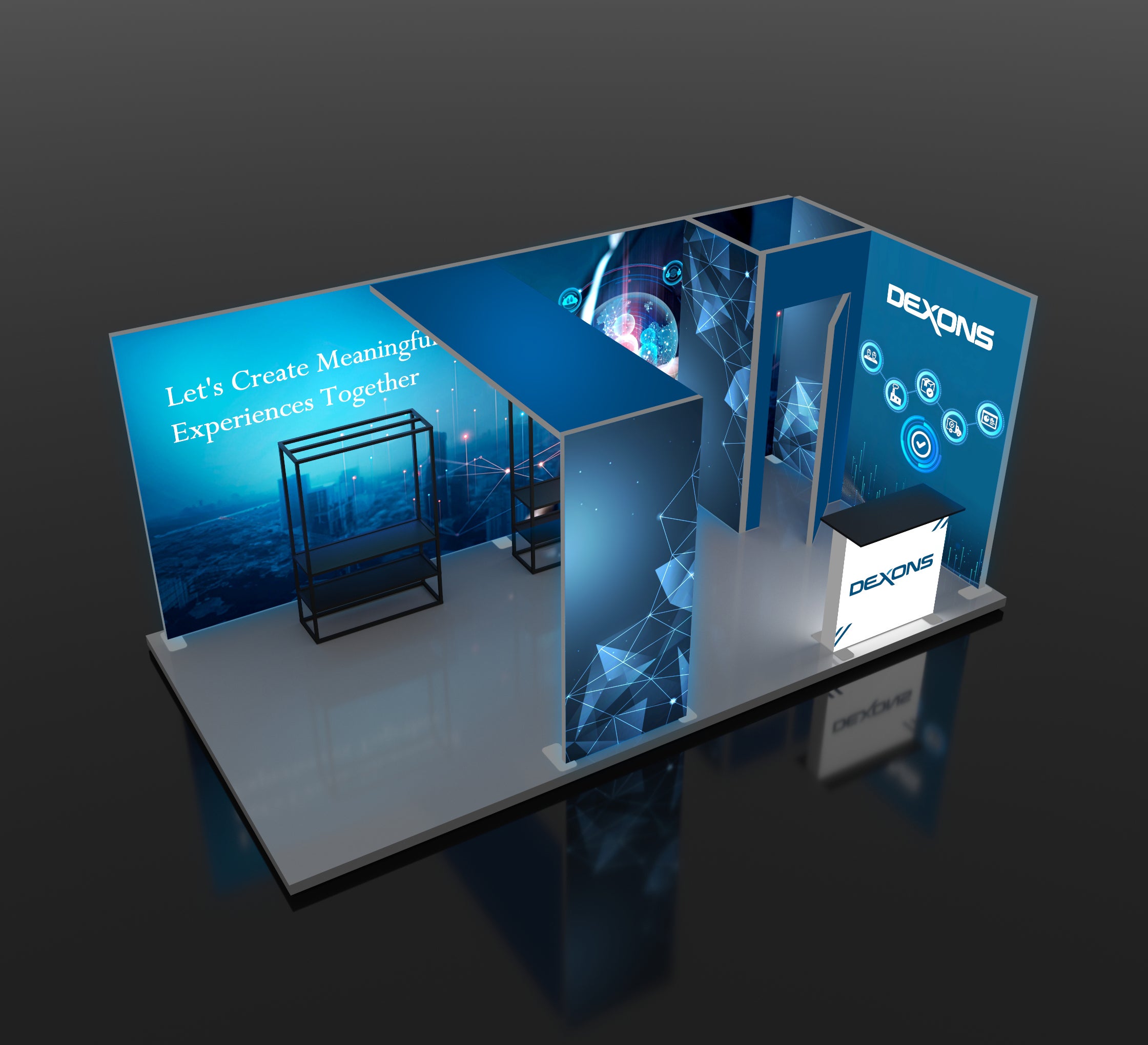 20ft Backlit Trade Show Display - LED Lightbox Backwall with Counters & Graphics