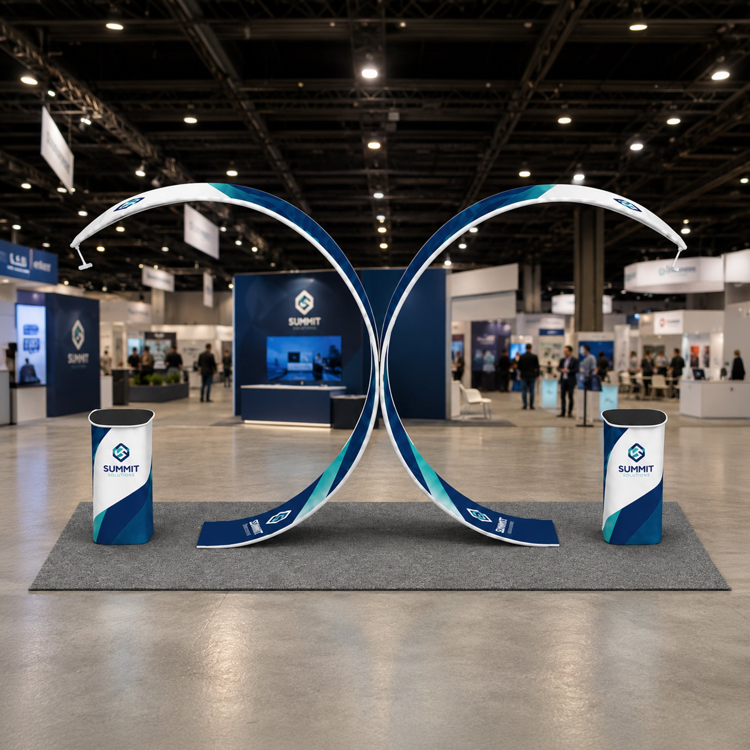 20 ft Island Twin Arch Display Booth Lifestyle 1