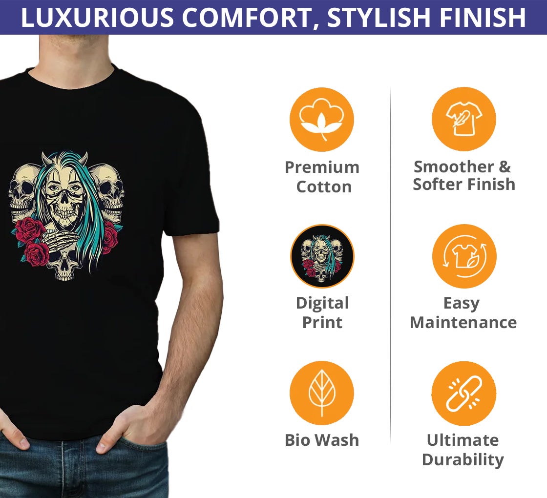 Men's Black Printed T-Shirt - Crew Neck