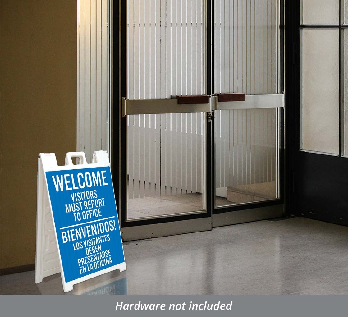 Bilingual Welcome, Visitors Must Report To Office Corflute Sign (Non Reflective)