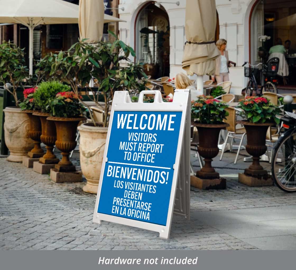 Bilingual Welcome, Visitors Must Report To Office Corflute Sign (Non Reflective)