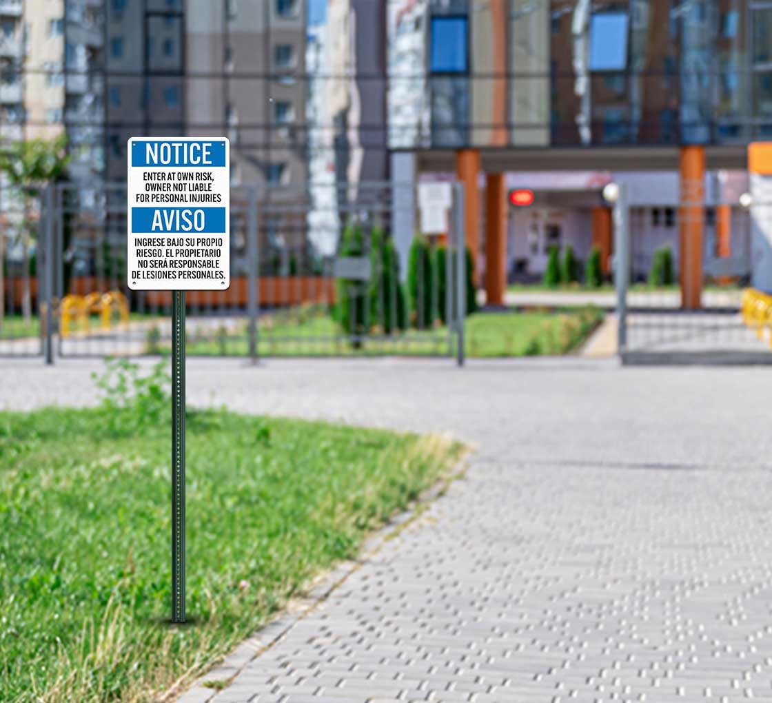 Bilingual Notice Enter At Own Risk Aluminum Sign (Non Reflective)