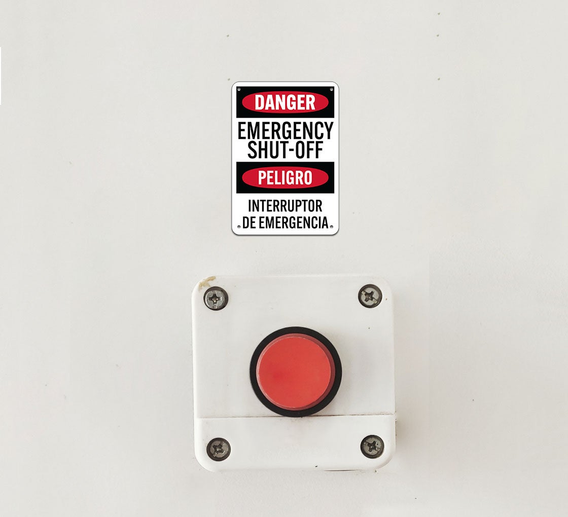 Bilingual OSHA Spanish Emergency Shut Off Aluminum Sign (Non Reflective)
