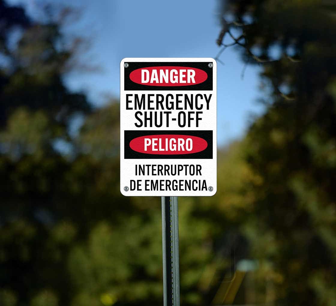 Bilingual OSHA Spanish Emergency Shut Off Aluminum Sign (Non Reflective)