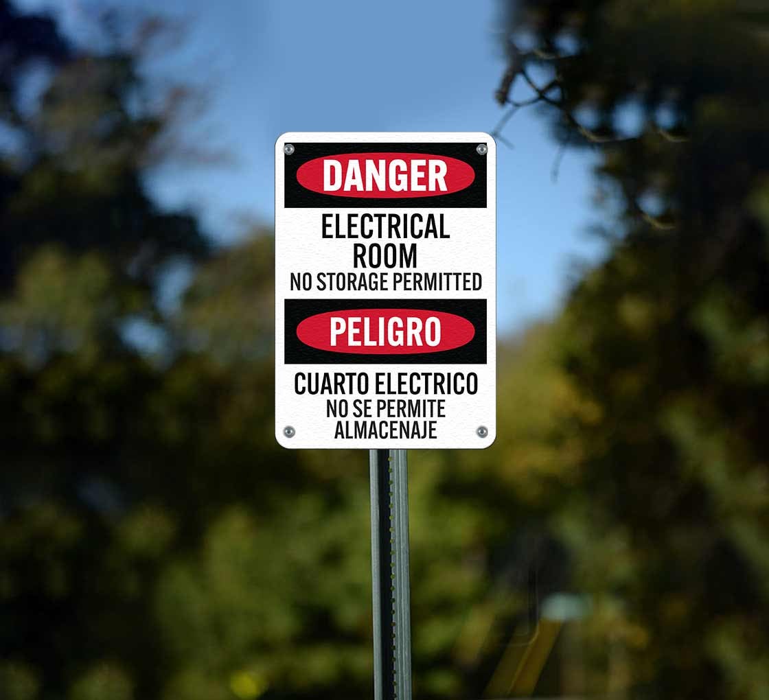 Bilingual OSHA Electrical Room No Storage Permitted Aluminum Sign (Non Reflective)