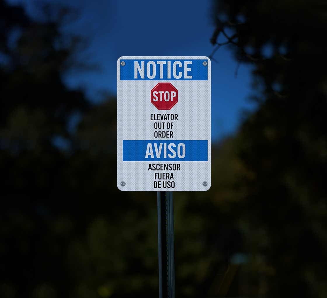 Bilingual Elevator Out of Order Aluminum Sign (EGR Reflective)