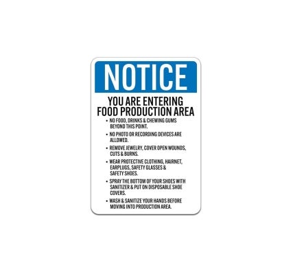 OSHA Entering Food Production Area Plastic Sign