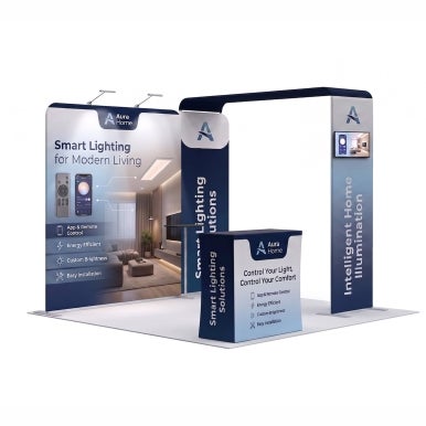10ft Inline Trade Show Booth – Portable Backwall Display with LED Lights & Counter