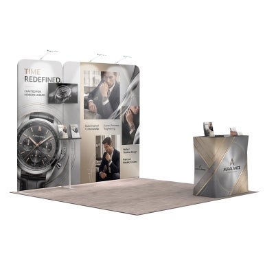 10ft Inline Trade Show Booth – Modular Display with LED Lights, Monitor Mount & Counter