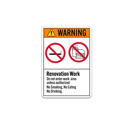 ANSI Renovation Work No Smoking Eating Aluminum Sign (Non Reflective)