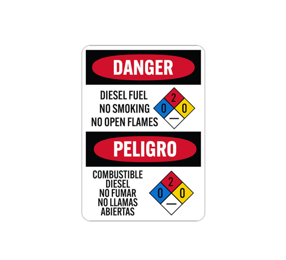 Bilingual OSHA Diesel Fuel No Smoking No Open Flames Plastic Sign