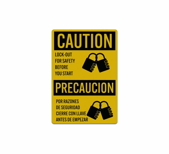 Bilingual OSHA Lock Out For Safety Before You Start Decal (Reflective)