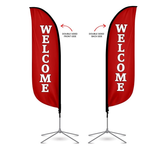 Two Full Sleeve Swooper Flags w/ Poles & Spikes SALE Yellow with Big Red Black Text 
