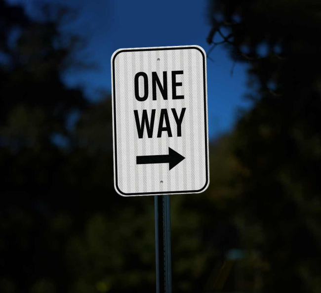 There is only one way to identify a one-way street. A heavy-duty aluminum  sign marks the road clearly., Only the reflective signs that are 8” x 24”