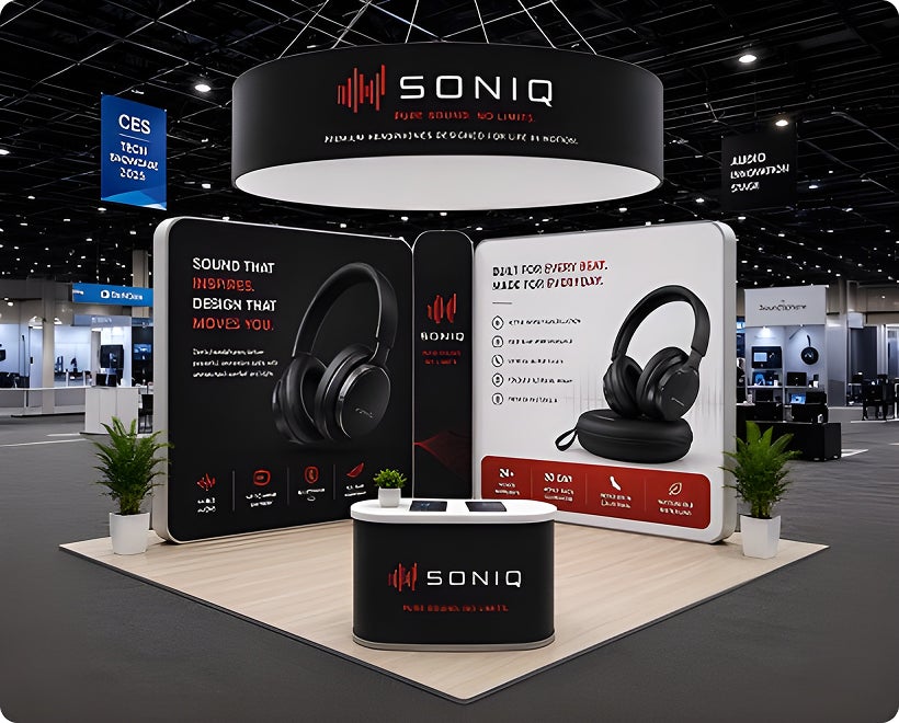 20ft Island Trade Show Booth – 360° Display with Overhead Banner & Counters