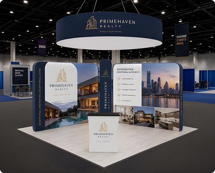 20ft Island Trade Show Booth – 360° Display with Overhead Banner & Counters