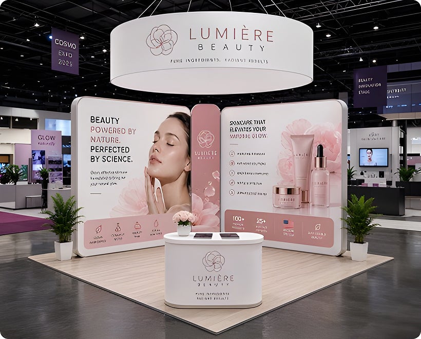 20ft Island Trade Show Booth – 360° Display with Overhead Banner & Counters
