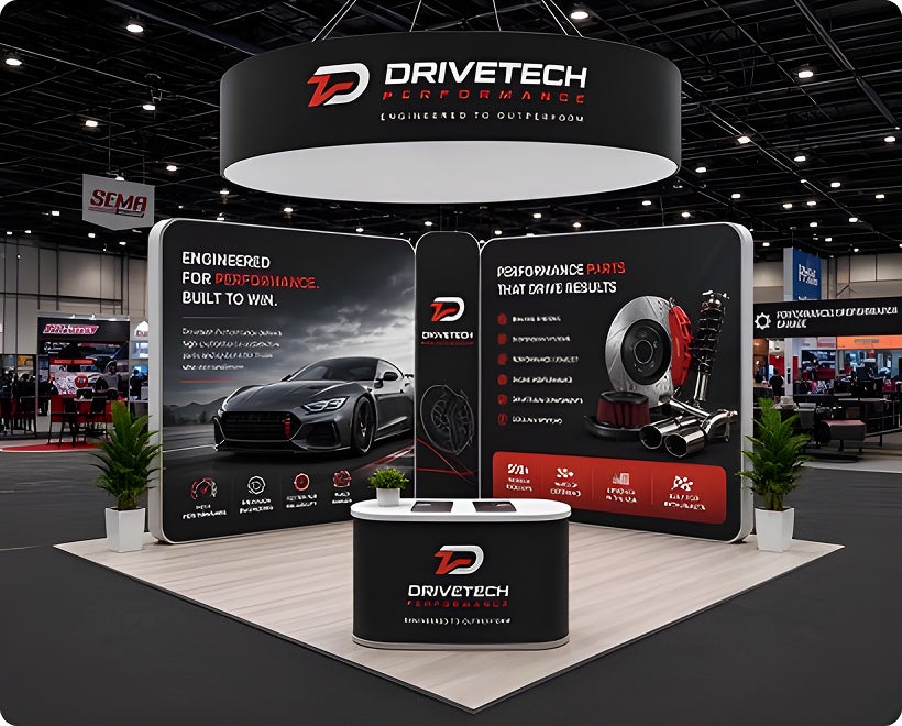 20ft Island Trade Show Booth – 360° Display with Overhead Banner & Counters