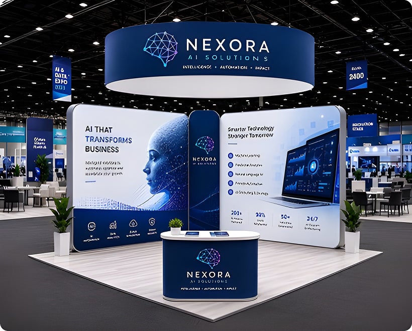 20ft Island Trade Show Booth – 360° Display with Overhead Banner & Counters