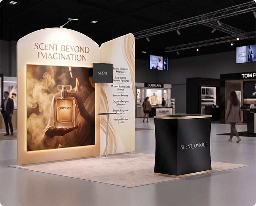10 Ft Inline Trade Show Booth - Modular Backwall Display with Counter & Branding Panels Perfume Company