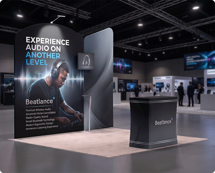 10 Ft Inline Trade Show Booth - Modular Backwall Display with Counter & Branding Panels Headphone Company