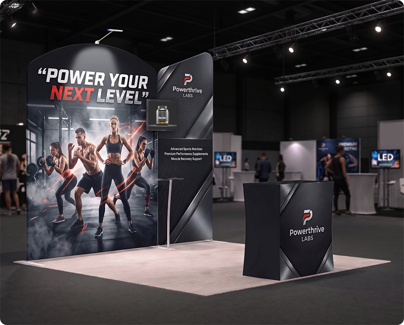 10 Ft Inline Trade Show Booth - Modular Backwall Display with Counter & Branding Panels Gym Brand