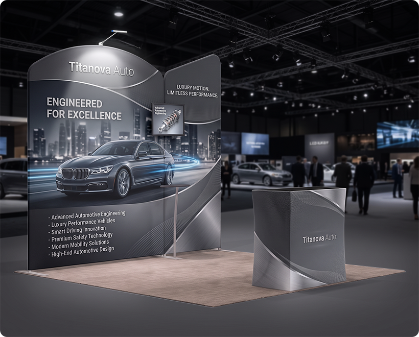 10 Ft Inline Trade Show Booth - Modular Backwall Display with Counter & Branding Panels Automobile Parts