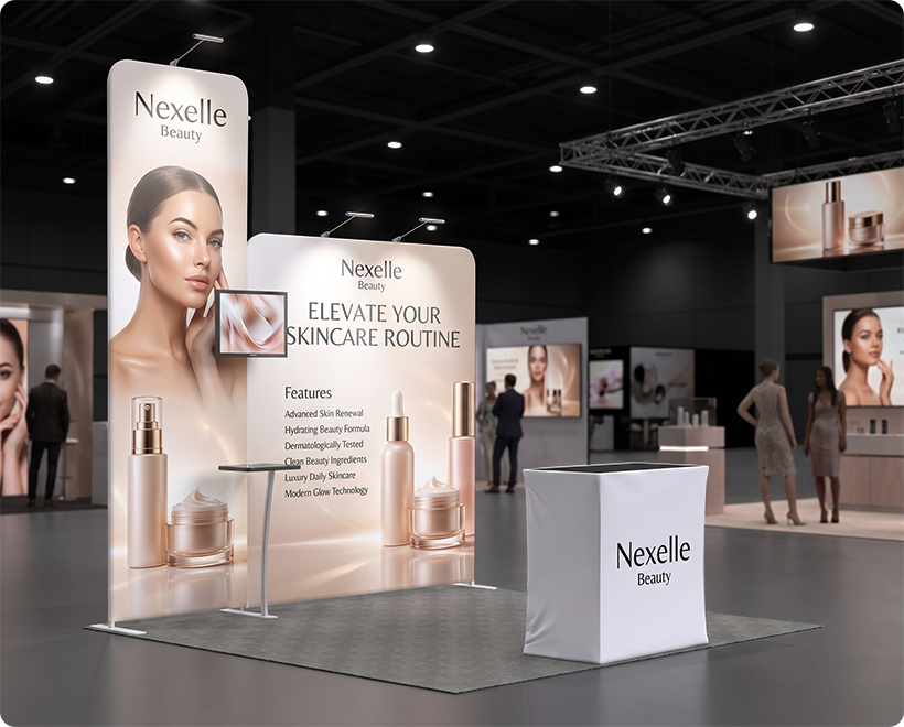 10 ft Inline Trade Show Booth - Portable Backwall Display with Counter & Shelving Skin Care Beauty Product