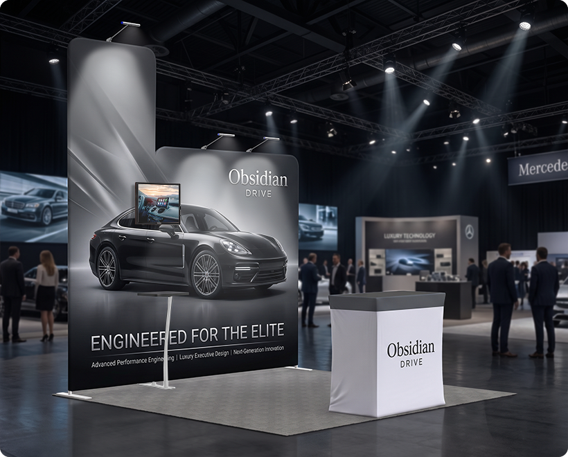 10 ft Inline Trade Show Booth - Portable Backwall Display with Counter & Shelving Luxury cars