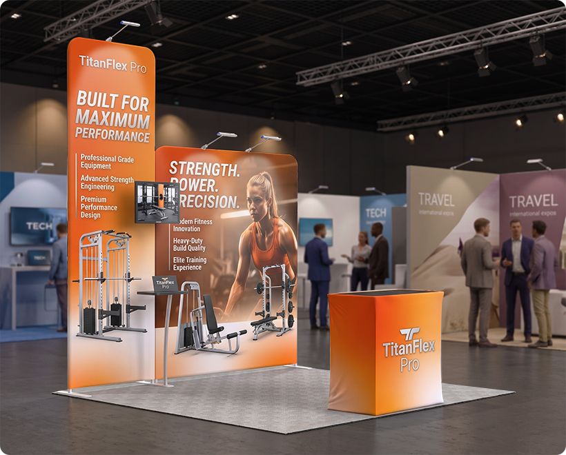 10 ft Inline Trade Show Booth - Portable Backwall Display with Counter & Shelving Gym Equipment
