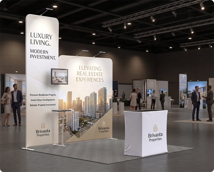 10 ft Inline Trade Show Booth - Portable Backwall Display with Counter & Shelving Real Estate Marketing