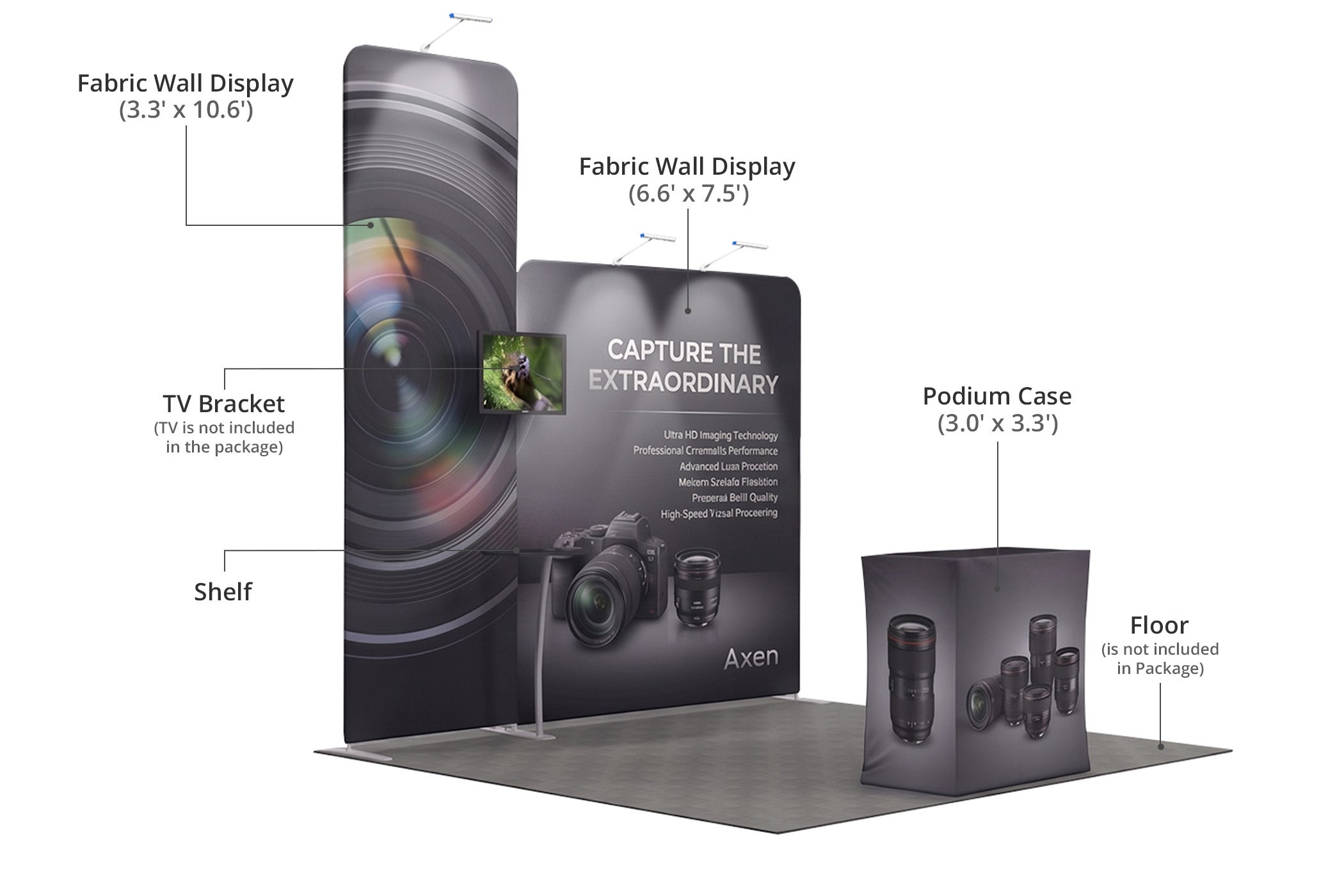10 ft Inline Trade Show Booth - Portable Backwall Display with Counter & Shelving Components & Sizes
