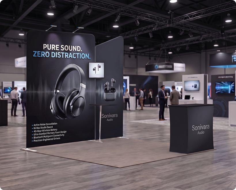 10 Ft Inline Trade Show Booth - Backwall Display with Counter, Storage & Graphics Headphone Company