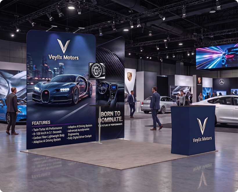 10 Ft Inline Trade Show Booth - Backwall Display with Counter, Storage & Graphics Sport Car Launch
