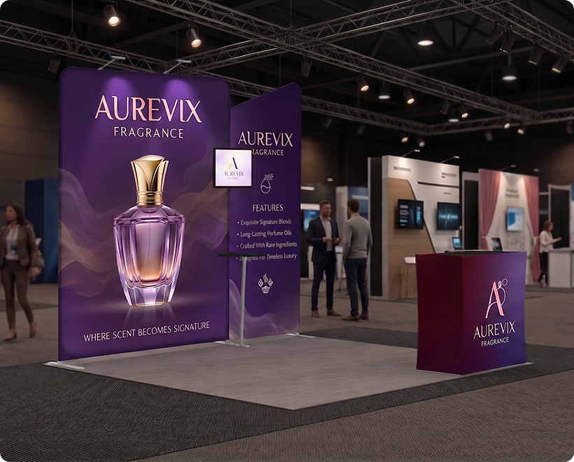 10 Ft Inline Trade Show Booth - Backwall Display with Counter, Storage & Graphics Perfume Company
