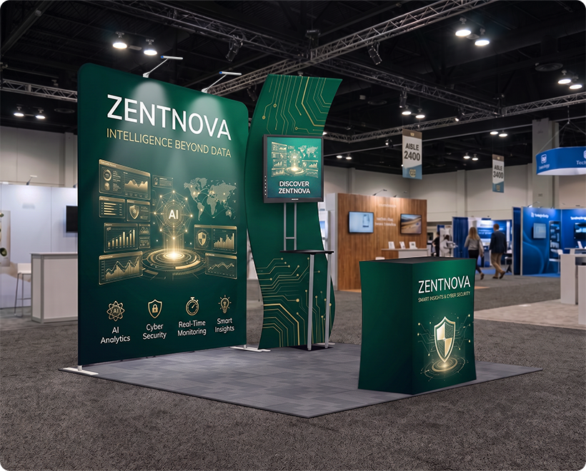 10 Ft Inline Trade Show Booth - Fabric Backwall Display with Counter & Lighting Software Development Company