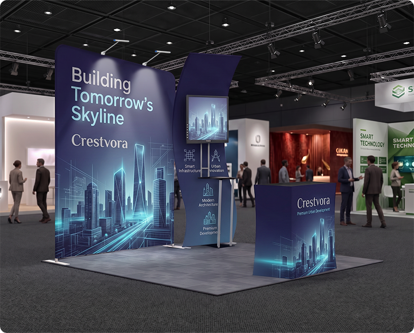 10 Ft Inline Trade Show Booth - Fabric Backwall Display with Counter & Lighting Real Estate Marketing