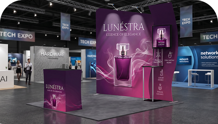 10 Ft Inline Trade Show Booth - Fabric Backwall Display with Counter & Lighting banner image mobile