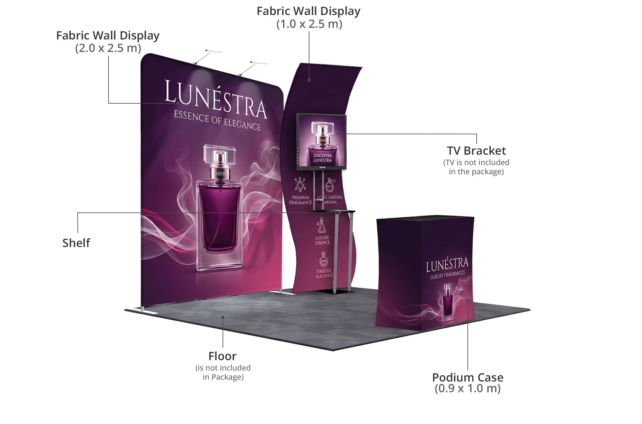 3 m Exhibition Stand - Fabric Display Stand with Counter & Lighting Components & Sizes
