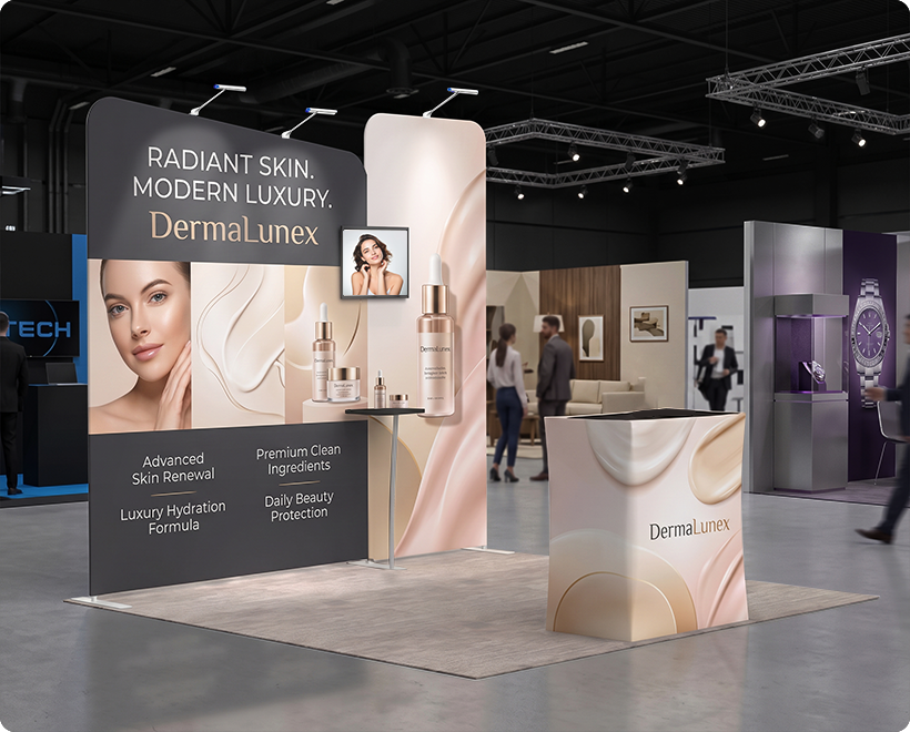 10 Ft Inline Trade Show Booth - Portable Backwall Display with Counter & Monitor Stand Skin Care Beauty Product