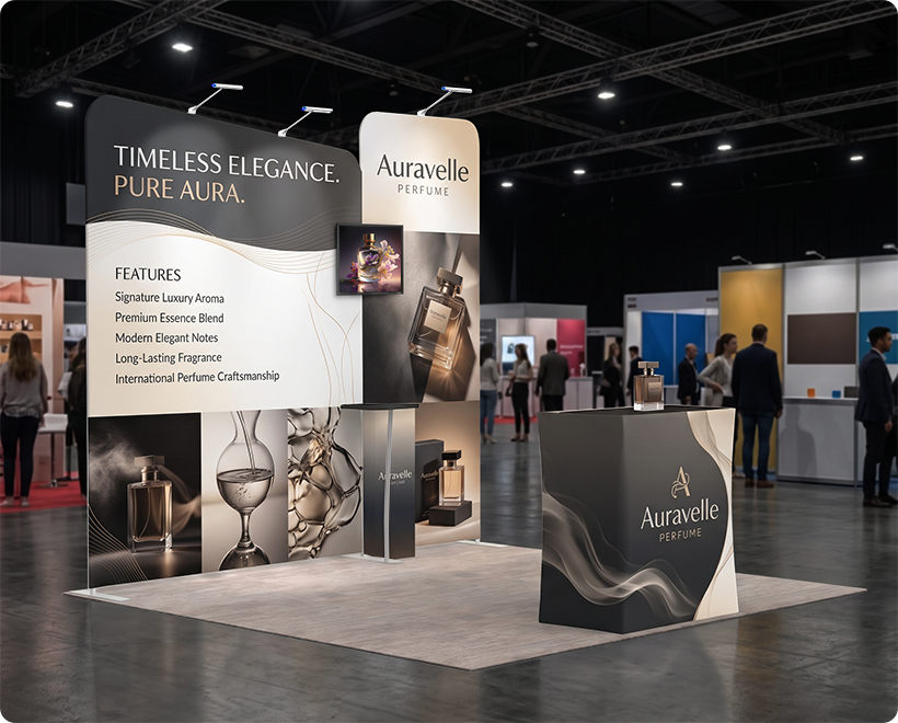 10 Ft Inline Trade Show Booth - Portable Backwall Display with Counter & Monitor Stand Perfume Company