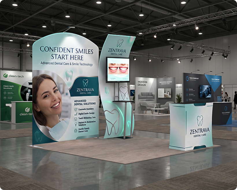 10 ft Inline Trade Show Booth - LED Backlit Display with Counter & Branding Dental Clinic
