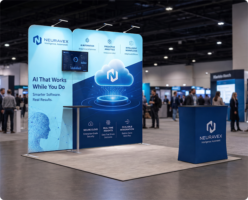 10 ft Inline Trade Show Booth - Portable Backwall Display with Counter & LED Lights AI Cloud Automation Software