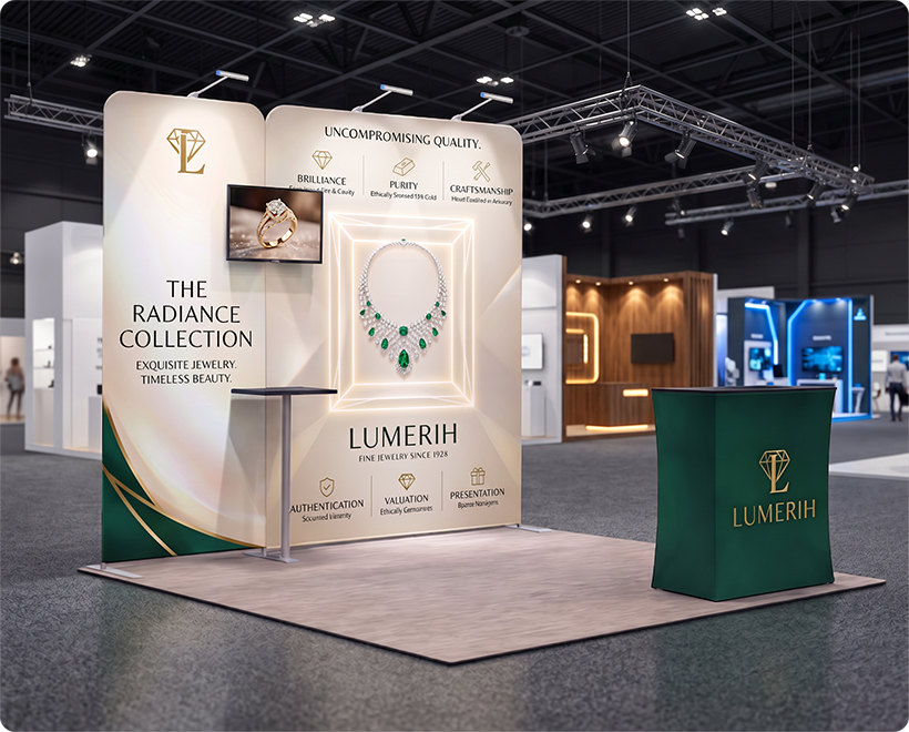 10 ft Inline Trade Show Booth - Portable Backwall Display with Counter & LED Lights Luxury Jewelry Brand